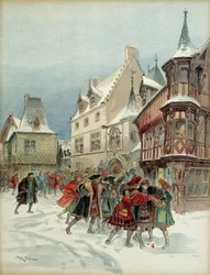 Battaglia di palle di neve a Romorantin (Francia). Re Francesco I (1494-1547) ferito durante l