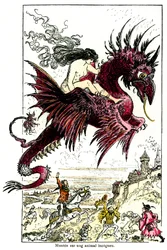 Succubo: demone femminile che cavalca un drago - illustrazione di Albert Robida per i Racconti Drolatici di Honoré de Balzac - inizio XX secolo