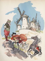 Il Barone di Munchausen appena attraversato il confine egiziano è catturato in una tempesta provocata da una grande figura per far girare i 7 mulini. Illustrazione di Albert Robida - in Storia e Avventure del Barone di Munchausen (Munchhausen), H. Laurens 