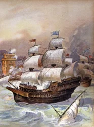 La flotta di Jean Ango blocca il Tago e minaccia Lisbona, c.1909 (illustrazione)