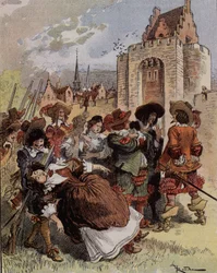 La timidezza del Capitano Bellormeau - "Madame de Malicorne cadde tra le braccia di un sergente". Personaggio dal libro di Albert Robida. Copertina "Il Piccolo Francese illustrato" del 20/01/1900.