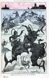 Combattimento subacqueo nella baia di Papagayo (scafandri che cavalcano pesci), parodia di Jules Verne, "Viaggi straordinari di Saturnin Farandoul in 5 o 6 parti del mondo e in tutti i paesi conosciuti o sconosciuti a Mr. Jules Verne" di Robida, Parigi