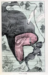 Donna in uno scafandro inghiottita da una balena, parodia di Jules Verne, 