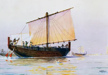 Nave mercantile fenicia che arriva a Pharos, acquerello di Albert Sebille (1874-1953), XX secolo