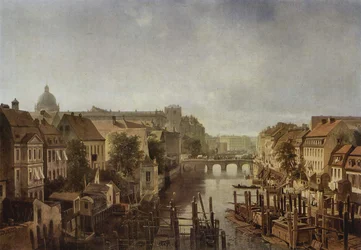 Vista dai mulini reali sul Mühlendamm fino al Lange Brücke di Berlino
