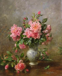 AB1022 Rose in un vaso blu e bianco