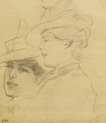 Testa di una donna con cappello decorato, profilo e vista a tre quarti, c.1900