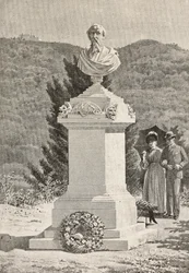 Monumento a Paolo Giacometti (1816-1882) nel cimitero di Staglieno, Genova, Italia, incisione da disegno di Alberto della Valle, da L