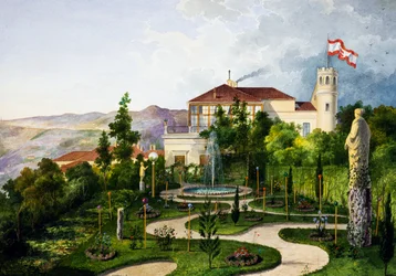 Esterno con giardino, sud-ovest della Villa Lazzarovic Trieste residenza di Massimiliano d