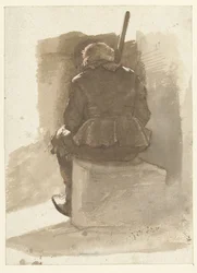 Uomo seduto con bastone, visto di spalle