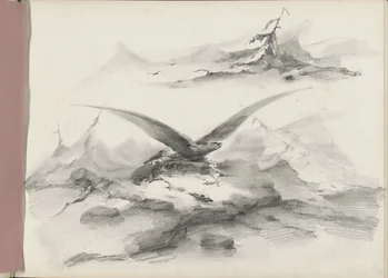 Aquila che vola sopra una costa con montagne