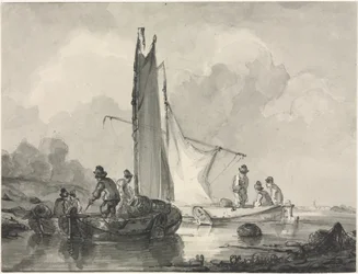 Paesaggio Fluviale con Pescatore e Tre Barche