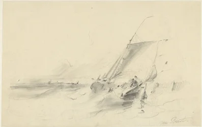 Veduta marina con barca in acque agitate