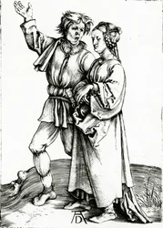 Una coppia rustica, inciso da Johannes Wierix, c.1565