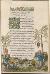 Paesaggio pastorale con pastori che suonano una viola e flauti di Pan