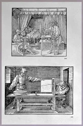 Apparato per tradurre oggetti tridimensionali in disegni bidimensionali, due scene dal primo libro tecnico dell