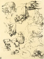 Foglio di studio con diversi disegni