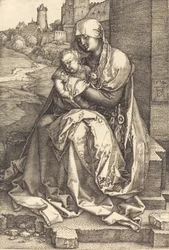 La Vergine e il Bambino seduti vicino al muro