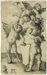 Tre putti con scudo e elmo