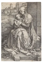 Vergine e Bambino seduti vicino al muro