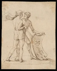 Donna nuda e uomo con lo scudo con lo stemma di Willibald Pirckheimer