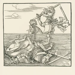 Il torneo straniero. Massimiliano ha sollevato dalla sella il suo avversario Jacop de Heri, 1517-18 circa (xilografia)
