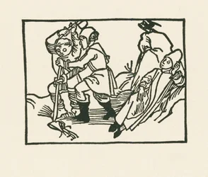 Il sacerdote giace nel prato, un corvo gracchia su una pietra cava, 1489-90 circa (xilografia)