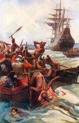 Gli uomini di Tasman attaccati dagli indigeni al largo della Nuova Zelanda (litografia a colori)