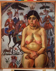 Donna nuda davanti a un tappeto persiano