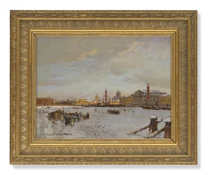 Vista sul Neva ghiacciato, le colonne Rostral, la Cattedrale di Sant