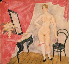 Donna allo specchio. Dipinto di Alexander Vasilyevich Shevchenko (Alexandre Chevtchenko) (1883-1948), olio su tela