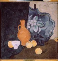 Natura morta con una brocca gialla e una ciotola bianca - Opera di Alexander Vasilyevich Shevchenko (Alexandre Chevtchenko) (1883-1948), olio su cartone - Arte russa