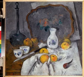 Natura morta con una caraffa e una pipa (Composizione con anche mele su tovagliolo, coltello e vassoio) - Opera di Alexander Vasilyevich Shevchenko (1883-1948), olio su cartone