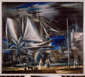 Porto di mare, di notte (Un grande veliero ancorato sul Mar Nero) - Dipinto di Alexander Vasilyevich Shevchenko (Alexandre Chevtchenko) (1883-1948)