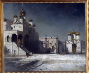 La piazza della cattedrale nel Cremlino di Mosca, di notte