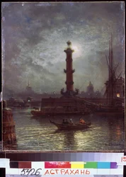 Chiaro di luna sulla Neva vicino alla Borsa di San Pietroburgo