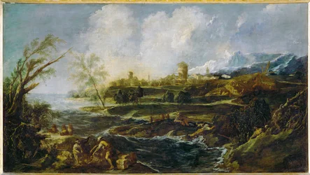 Paesaggio con uomo e bara sulla riva del fiume ...