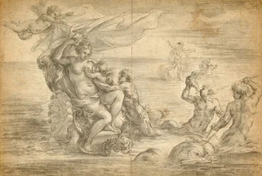 Venere seduta nel suo carro marino che succhia Cupido