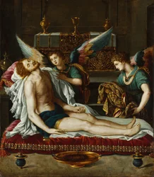 Il corpo di Cristo unto da due angeli