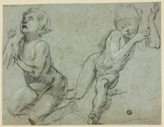 Schizzi di due putti, uno dei quali tiene la mano di Cristo morto (recto); busto e gambe di figura inginocchiata (verso)