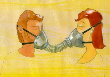 Anticipazione, inquinamento: una coppia che condivide la stessa maschera antigas