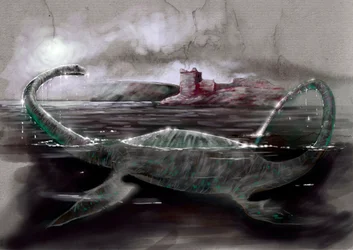 Mostri e creature fantastiche, criptozoologia: rappresentazione di Nessie, il mostro di Loch Ness in Scozia - Disegno di Alessandro Lonati, 2012