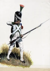 Primo Impero (1804-1814 e 1815): soldato Velite della grande armata napoleonica in Italia che apre una cartuccia