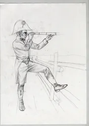 Primo Impero (1804-1814 e 1815): soldato anziano della grande armata napoleonica francese in osservazione con un cannocchiale (Disegno incompiuto di Alessandro Lonati)
