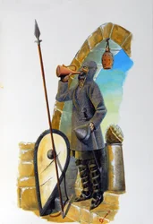 Prima crociata: un cavaliere a riposo, equipaggiato con la sua cotta di maglia, beve dalla caraffa, il suo scudo e la sua lancia sono posti vicino a lui. Illustrazione di Alessandro Lonati