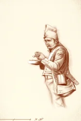 Primo impero: soldato di fanteria leggera durante un pasto durante una campagna di Napoleone I (probabilmente in Russia) Inizio XIX secolo. Illustrazione di Alessandro Lonati, 2010