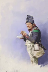 Primo impero: soldato di fanteria leggera durante il pasto durante una campagna di Napoleone I (probabilmente in Russia) Inizio XIX secolo. Illustrazione di Alessandro Lonati. 2010
