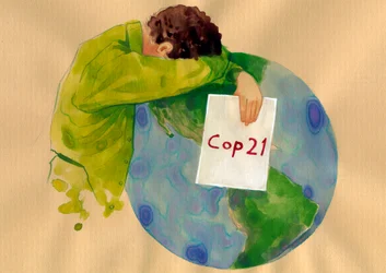 Futuro della Terra, un uomo che piange tiene tra le mani il cartello della COP21 (Conferenza delle Nazioni Unite sui cambiamenti climatici del 2015), tenutasi a Parigi e destinata a trovare soluzioni al riscaldamento globale e all
