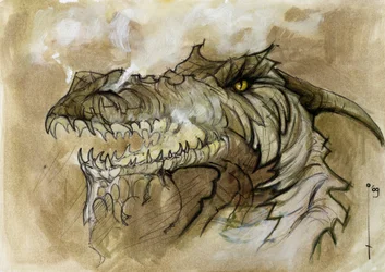 Illustrazione di un animale fantastico e leggendario: testa di drago che emette fumo dal muso