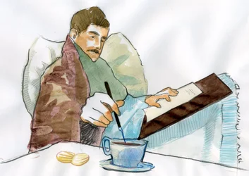 Marcel Proust come un malato che scrive con il tè di sua zia Elisabeth (inchiostro su carta)